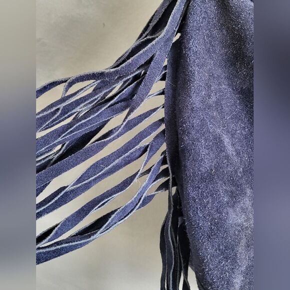 Ecote Blue Suede Side Fringe Cow Leather Bucket Sling Bag - Picture 11 of 15